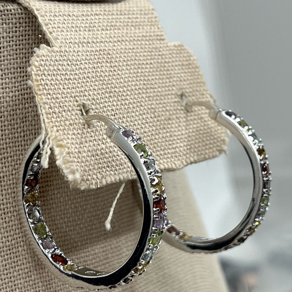 Vintage 925 Sterling Silver Multicolor Gemstone Hoop Earrings - Picture 4 of 16